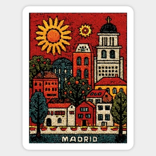 Sunny Madrid Spain Linocut Print | Retro Plaza Mayor Souvenir Sticker